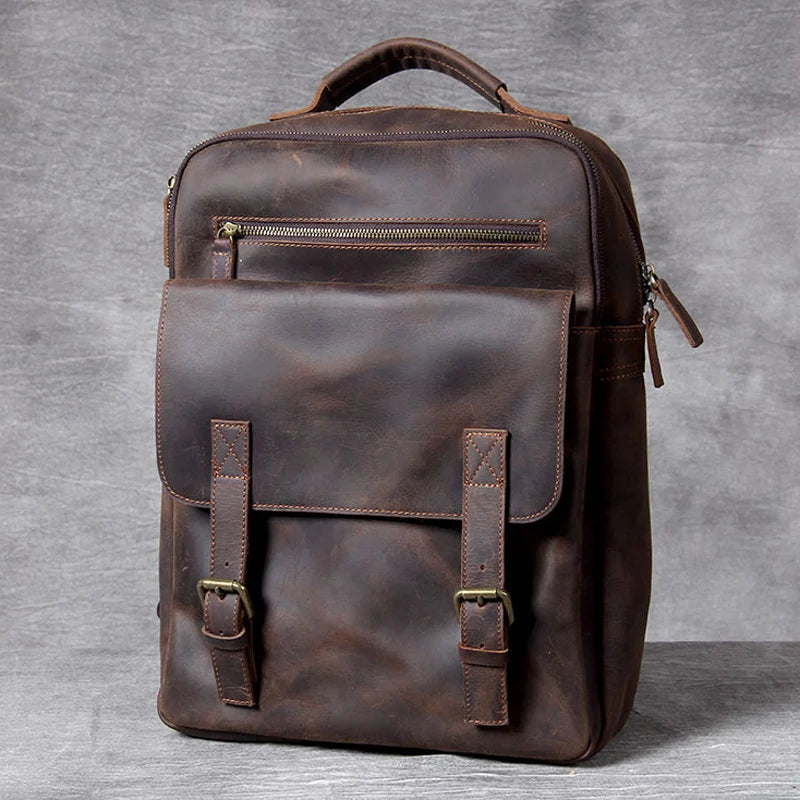 Vintage Crazy Horse Genuine Leather Backpack | Large Capacity Cowhide Travel Rucksack | 17-Inch Laptop Bag for Men & Hiking Backpack (Model M-815) Luxegan