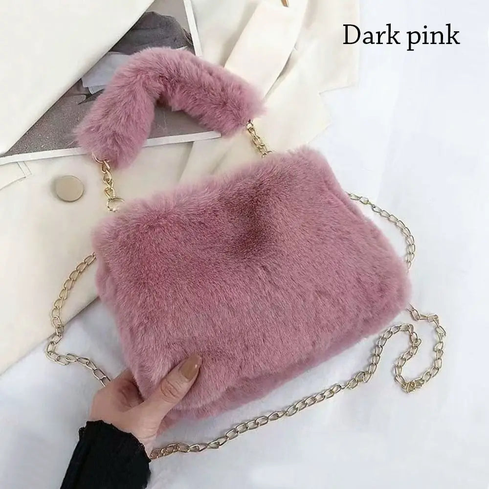 Fashion Women’s Fluffy Shoulder Bag | Sophisticated Winter Plush Underarm Bag | Elegant Solid Color Handbag with Chain Detail | Soft Handle Bag for Parties and Social Events Luxegan