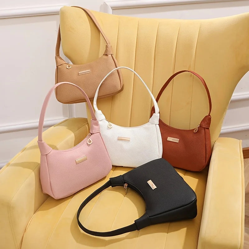 Fashion Shoulder Bag for Women | Solid Color Synthetic Leather Handbag with Zipper Closure | Versatile Underarm Dumpling Purse Luxegan