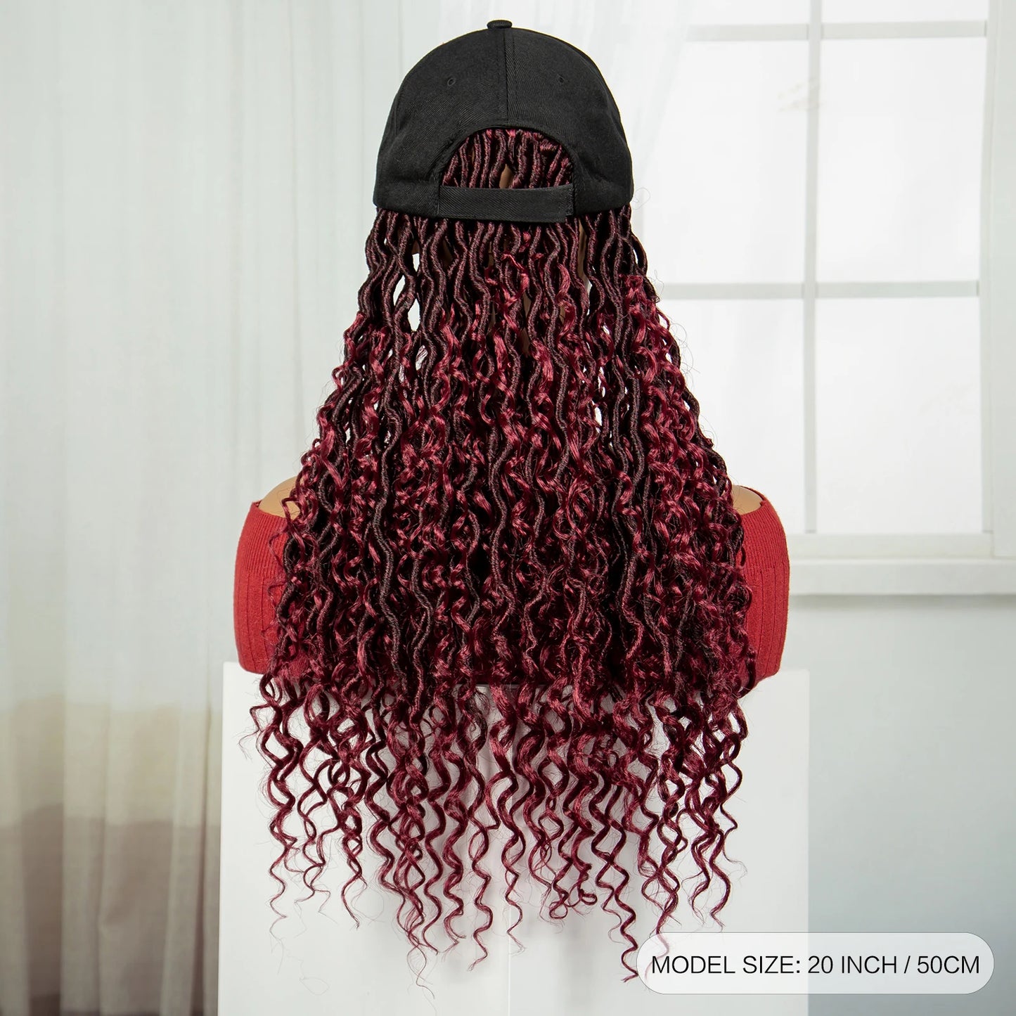 Burgundy Braided Hat Wig with Curly Ends | Knotless Braids | Adjustable Cap Luxegan