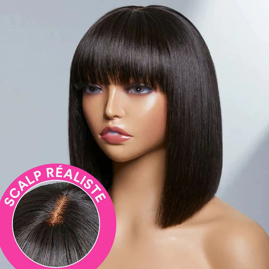 Mongolian Straight Bob Wig with Bangs | Glueless Middle Part Lace Human Hair (Realistic Scalp) Luxegan
