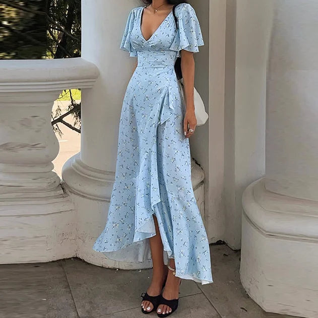 Floral Print V-Neck Short Puff Sleeve Regular Fit Sheath Ankle-Length Dress – Natural Waist, Summer Luxegan