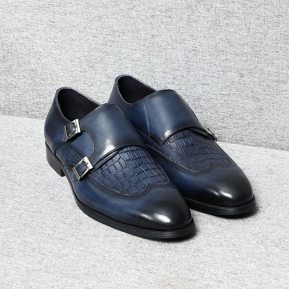Elegant Men's Genuine Leather Monk Strap Shoes | Stone Pattern Print Double Buckle & Cap Toe (Business, Party, Social) Luxegan