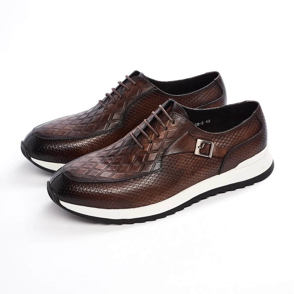 Classic Metal Buckle Men's Sneakers | Sophisticated First Layer Cowhide Casual Footwear | Elegant "T-Tied" Silhouette | "Dignified" Height-Increasing Leather Shoes for Radiant Versatile Office & Party Styling Luxegan