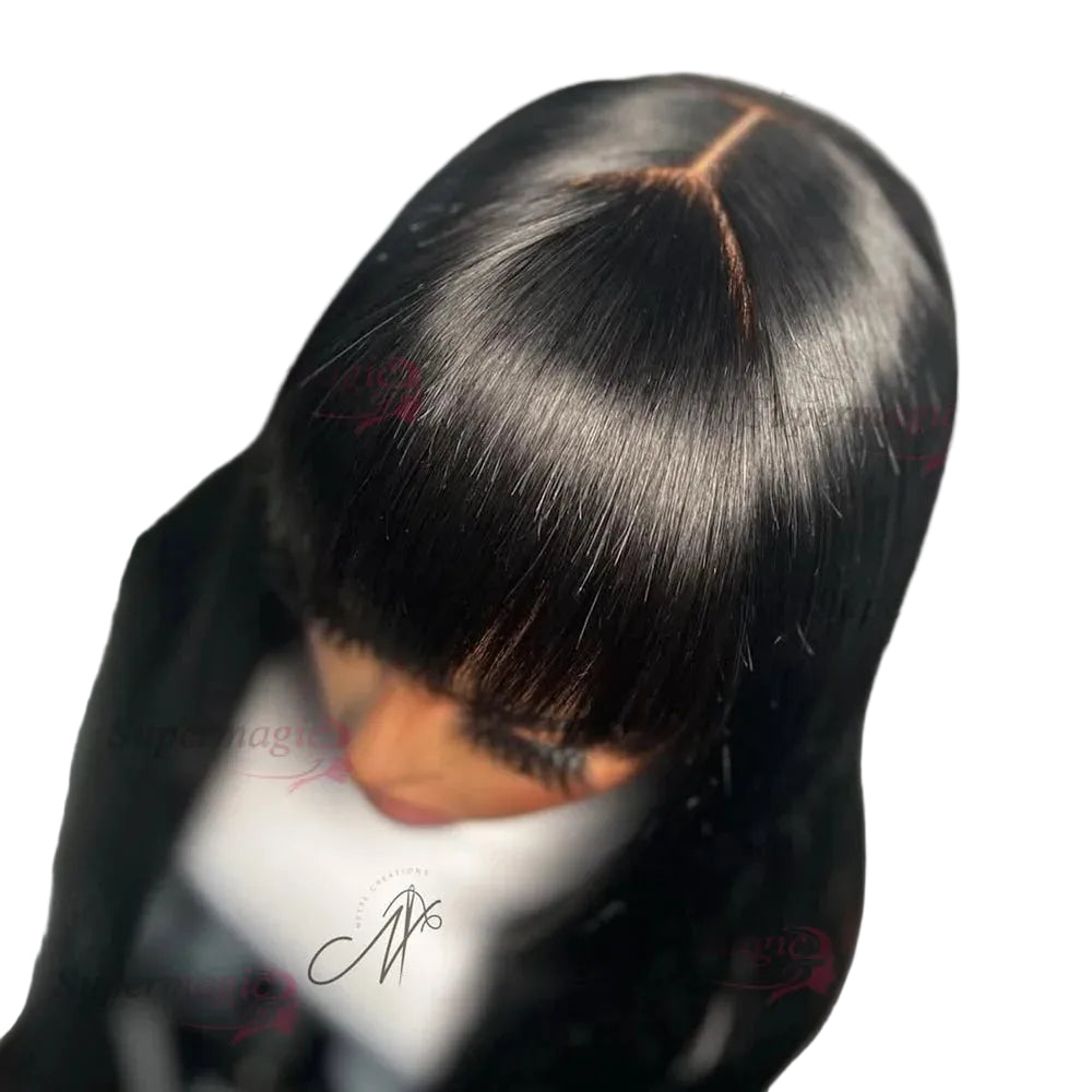 Raw Indian Bone Straight Human Hair Wig | Sophisticated 4x4 Lace Closure Middle Part | Elegant "Brazilian Virgin" 30–32 Inch Length | "Dignified" Glueless Wear-and-Go Wig with Bangs for Radiant Versatile Styling Luxegan