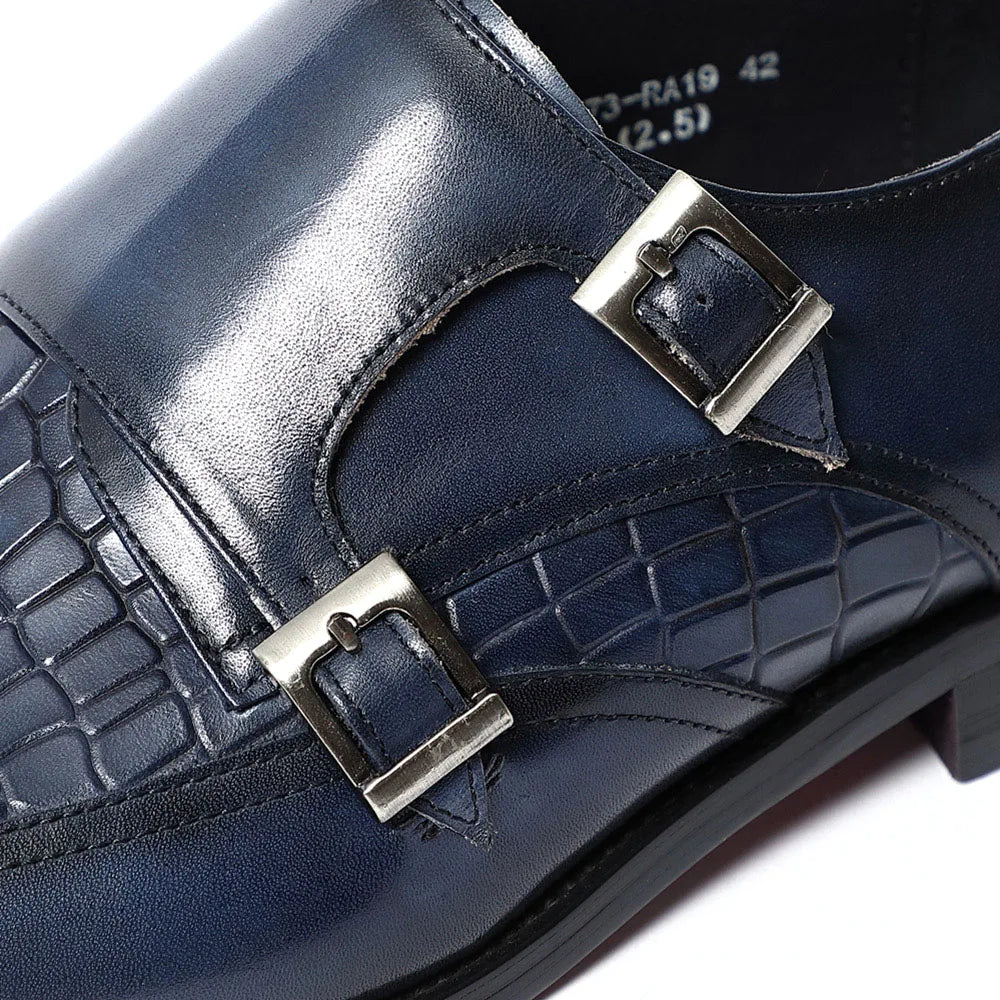 Elegant Men's Genuine Leather Monk Strap Shoes | Stone Pattern Print Double Buckle & Cap Toe (Business, Party, Social) Luxegan