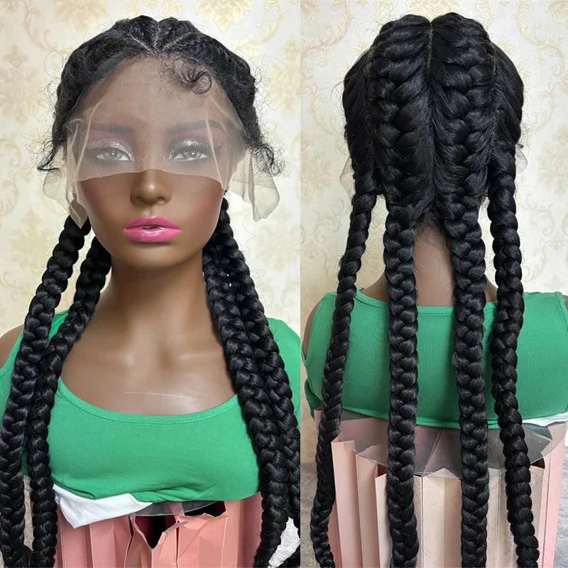 Long Black Dutch Braids Wig | Lace Front | Human Hair Blend | Cornrow Accents | Daily Wig Luxegan