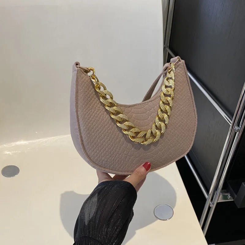 Fashion Women's Felt Handbag | Imitation Metal Chain Underarm Bag (Retro Ladies Solid Color Shoulder Bag, Trendy Casual Clutch Purse) Luxegan