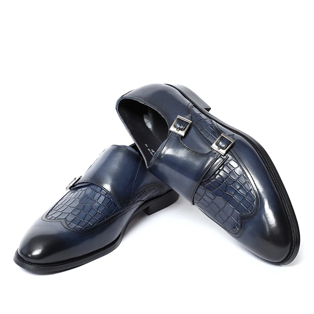 Elegant Men's Genuine Leather Monk Strap Shoes | Stone Pattern Print Double Buckle & Cap Toe (Business, Party, Social) Luxegan