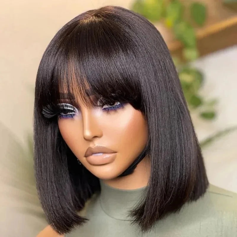 Brazilian | Remy | 100% Human Hair | Natural | Black | Put On and Go | Realistic | Glueless | Transparent | Yaki Straight | Bob with Bangs Luxegan