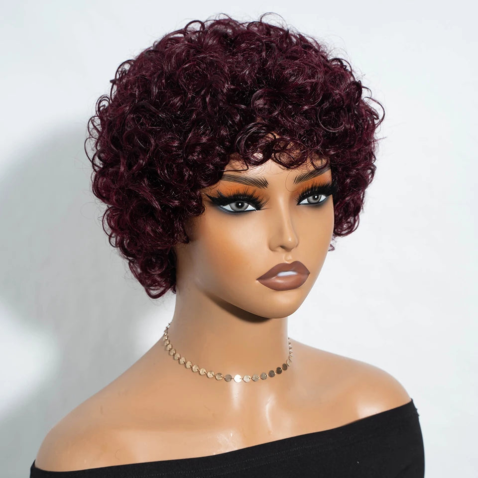 Sleek Short Pixie Afro Kinky Curly Wig with Bangs | Glueless Peruvian Remy Hair Bob Luxegan