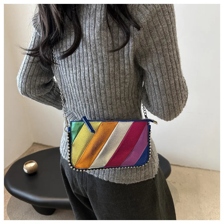 Fashion Trend Contrast Rainbow Splice Shoulder Bag | Designer Rivet Crossbody Handbag | Colorful Twill Chain Flap Bag Luxegan