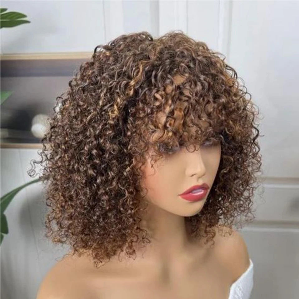 Highlight Honey Blonde Jerry Curly Bob Wig with Bangs | Non-Lace Front Human Hair Luxegan