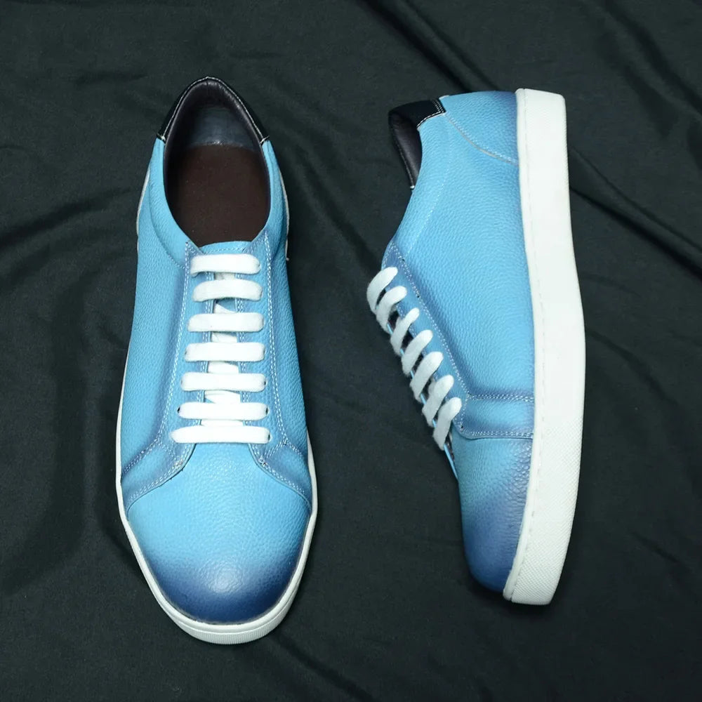 Luxury Designer Men's Genuine Leather Skateboard Shoes | Sky Blue Lace-Up Casual Sneakers (Breathable) Luxegan