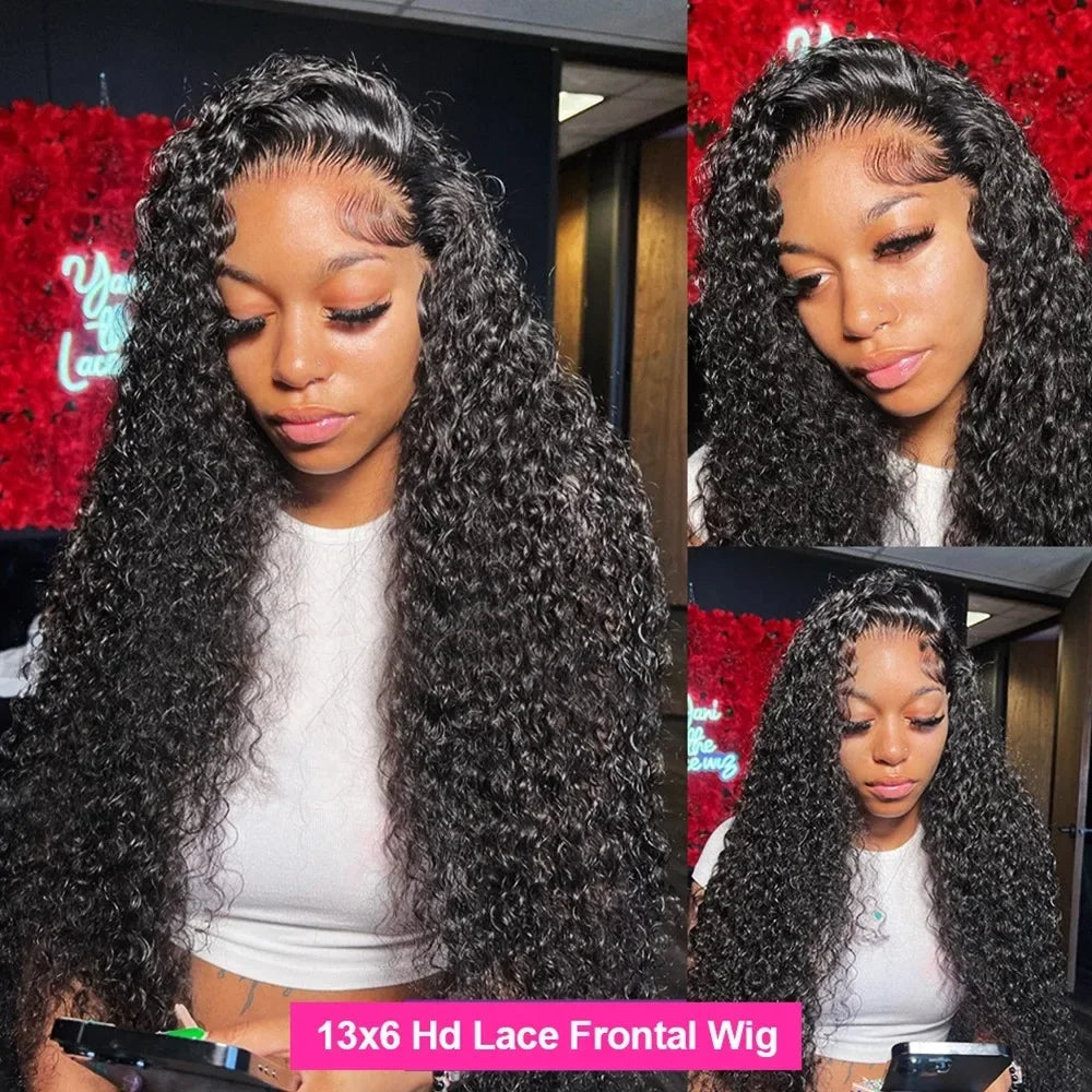 Deep Curly 13x6 HD Lace Frontal Wig | Water Wave Human Hair Wig 13x4 HD Lace Frontal Wigs for Women (Brazilian Remy Black Color) Luxegan