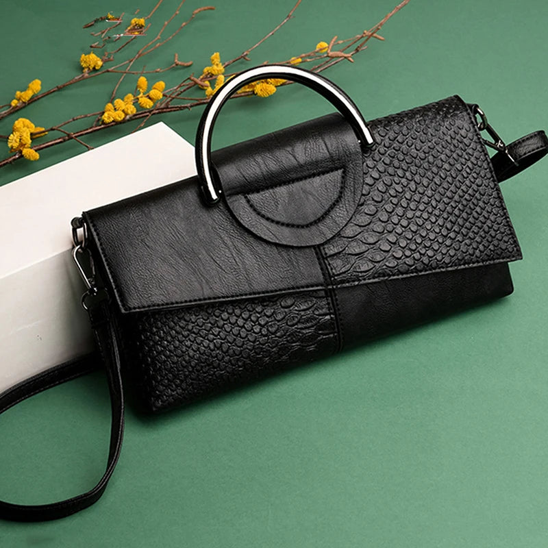 Women's Black PU Leather Shoulder Bag | Stone Print Chain Crossbody & Clutch Luxegan