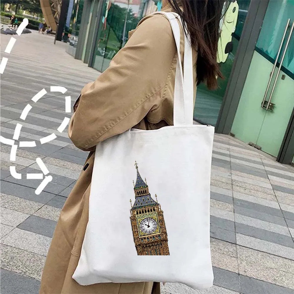 London Big Ben England Map Flag Canvas Tote Bag | UK City Landscape Skyline Shoulder Shopping Handbag (Women's Tourist Gift) Luxegan
