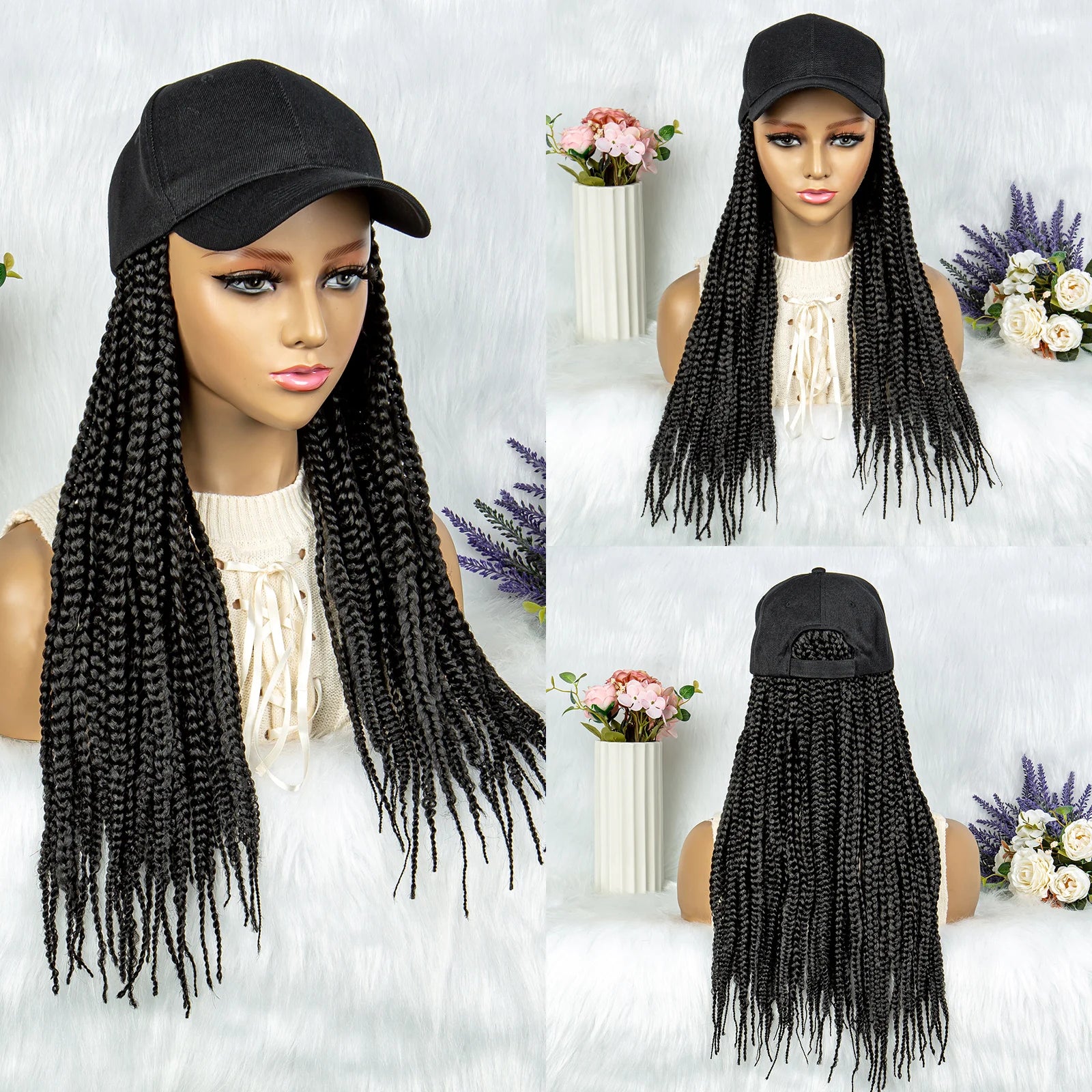 20" Box Braids Baseball Cap Wig | Afro Black Women | Adjustable Hat Wig Luxegan