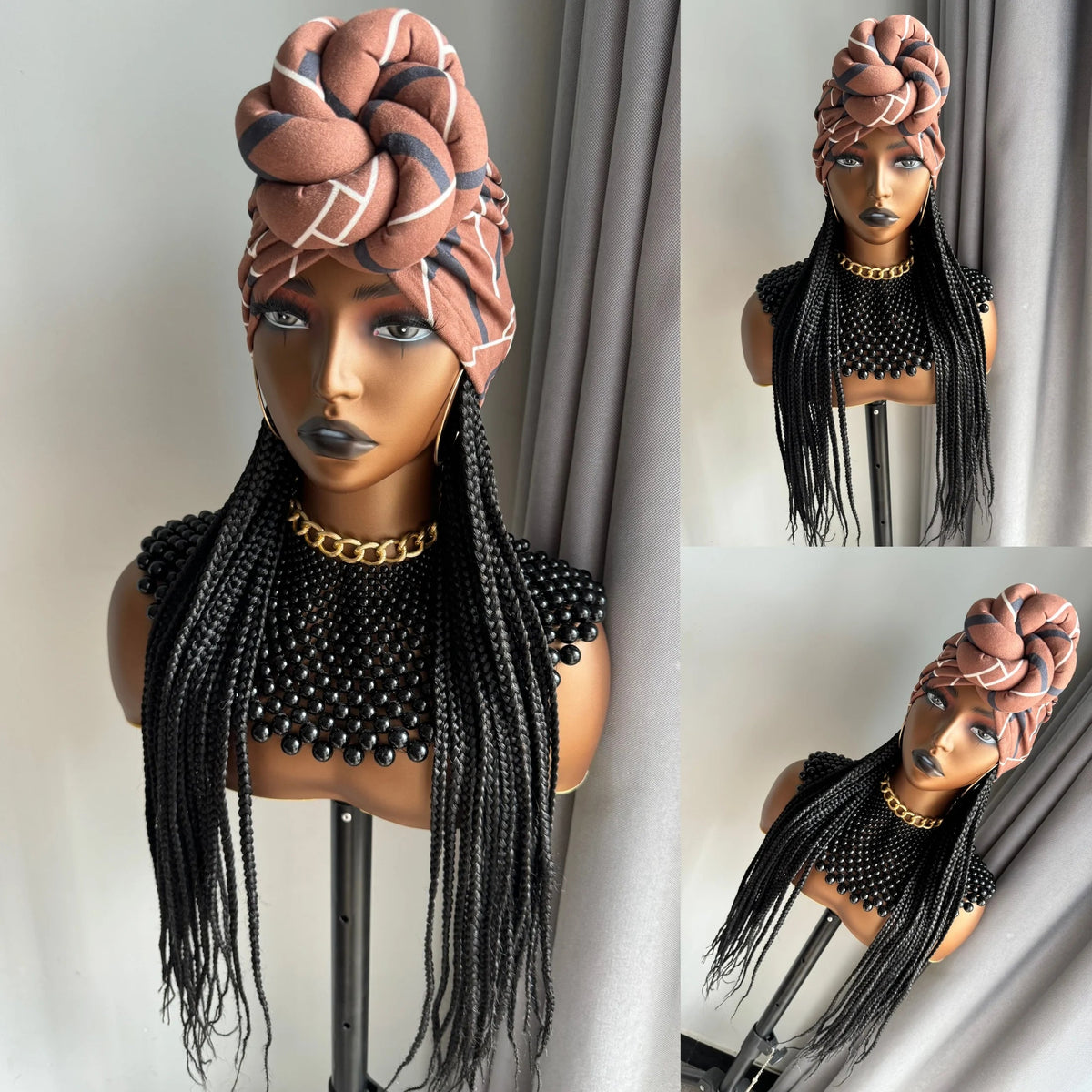 WIGERA Long 24“ Black Box Braided Synthetic Wig With Headband Turban Hat Box Braiding Hair Extensions Head Scarf Wigs For Women Luxegan