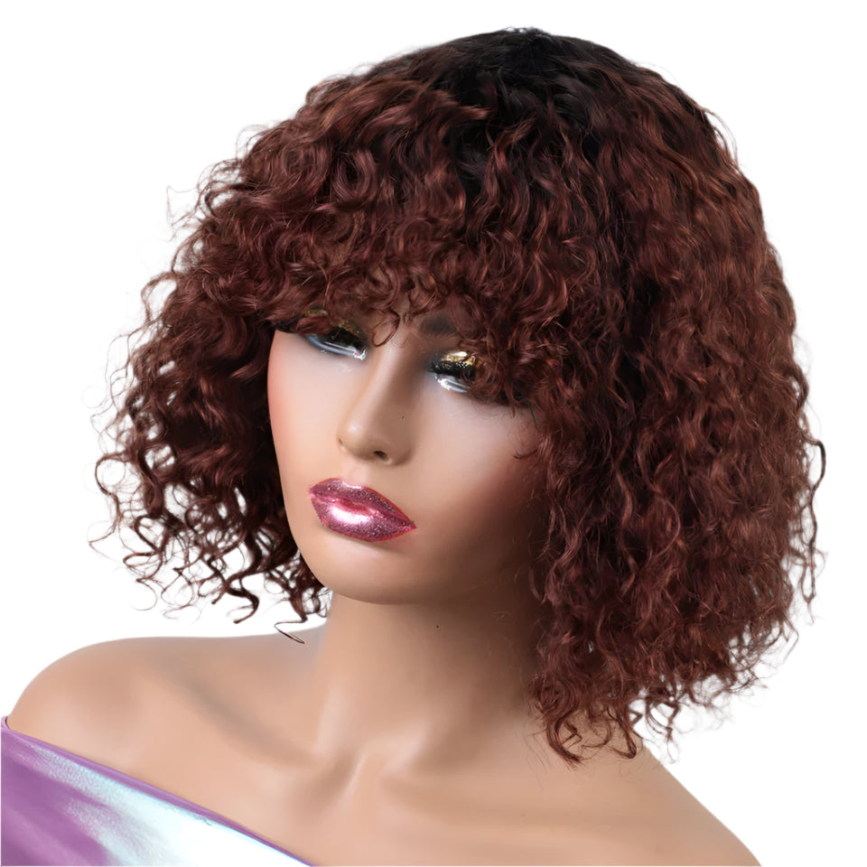 Rebecca Ombre Brown Curly Wig with Bangs | Loose Deep Wavy Brazilian Remy Human Hair Luxegan