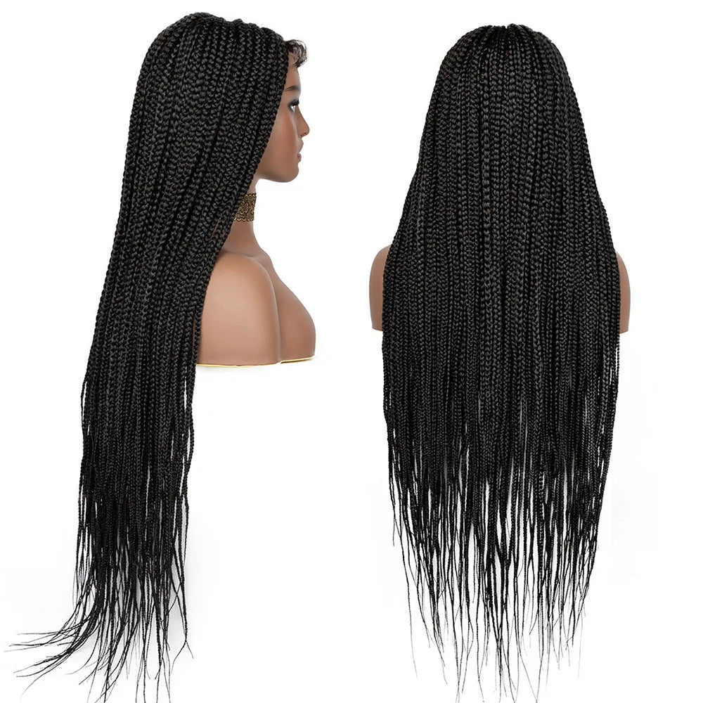 30" Long Box Braided 4x4 Lace Closure Wig | Baby Hair Twist Braids | Synthetic Cosplay Wig for Black Women