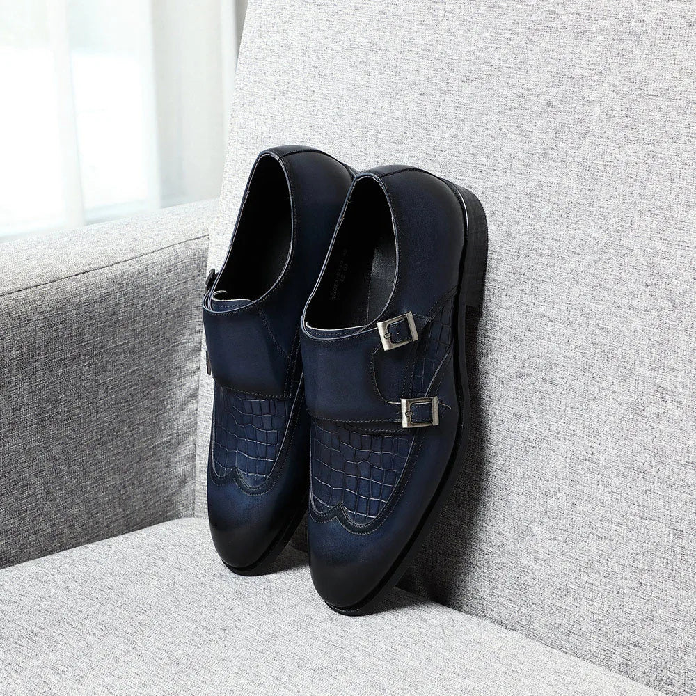 Elegant Men's Genuine Leather Monk Strap Shoes | Stone Pattern Print Double Buckle & Cap Toe (Business, Party, Social) Luxegan
