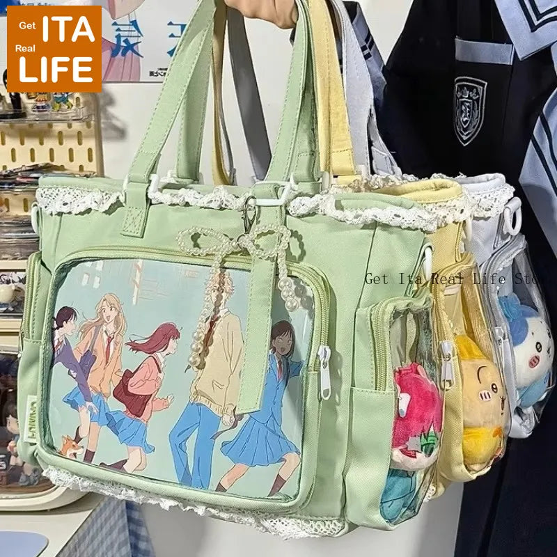 Italife New Women Cute Lace Ita Bag with Pearl Bow | Kawaii Large Tote with Insert for Pin Display | Comic Con Big Handbag Luxegan