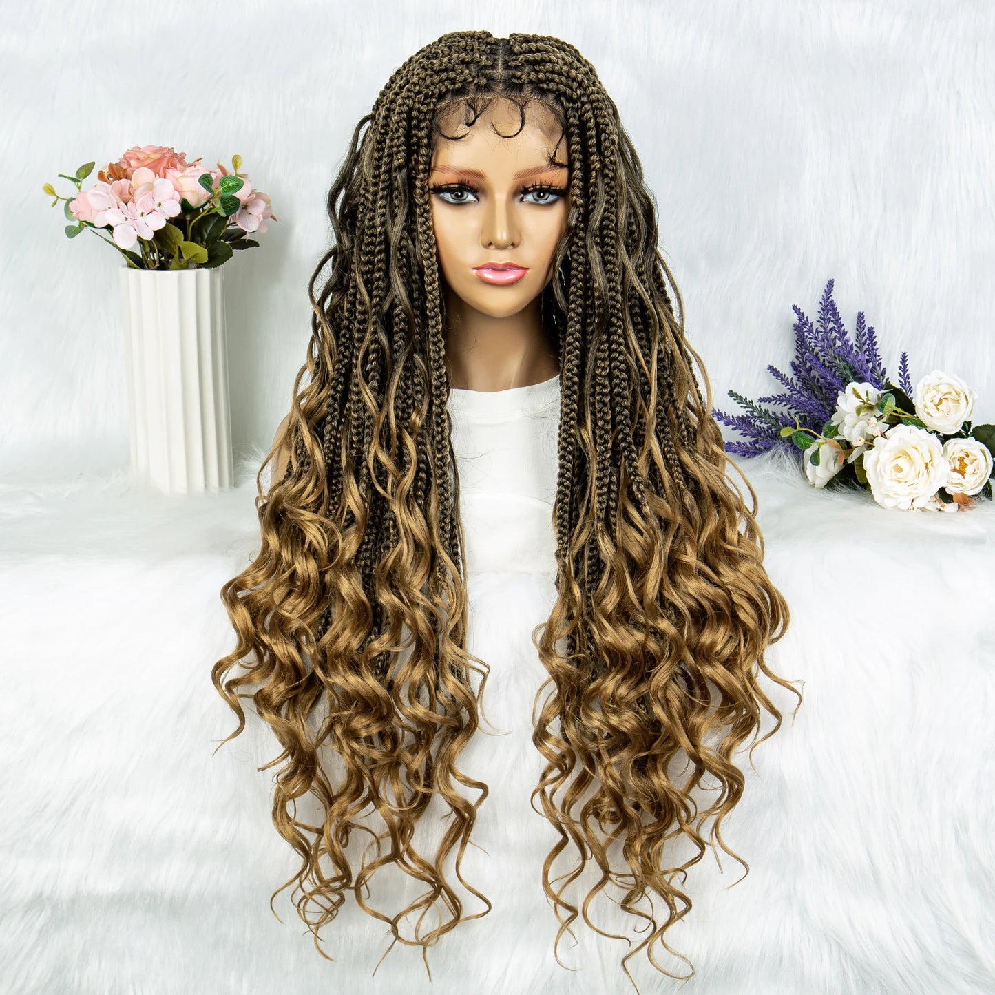 34" Full Lace Knotless Braided Wig with Baby Hair | Synthetic Lace Front Wig for Black Women | Long Braids Luxegan