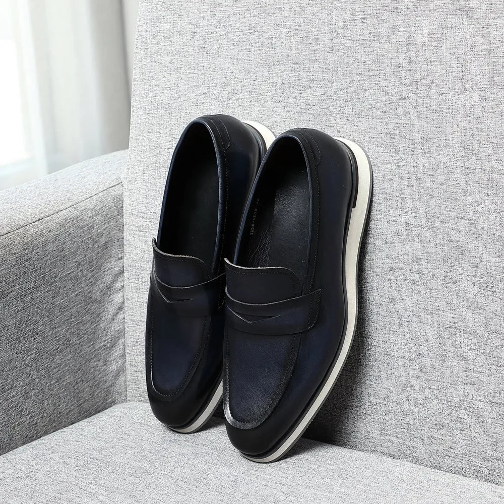 Classy Men's Genuine Cow Leather Penny Loafers | Blue & Black Casual Business Flats (Breathable) Luxegan