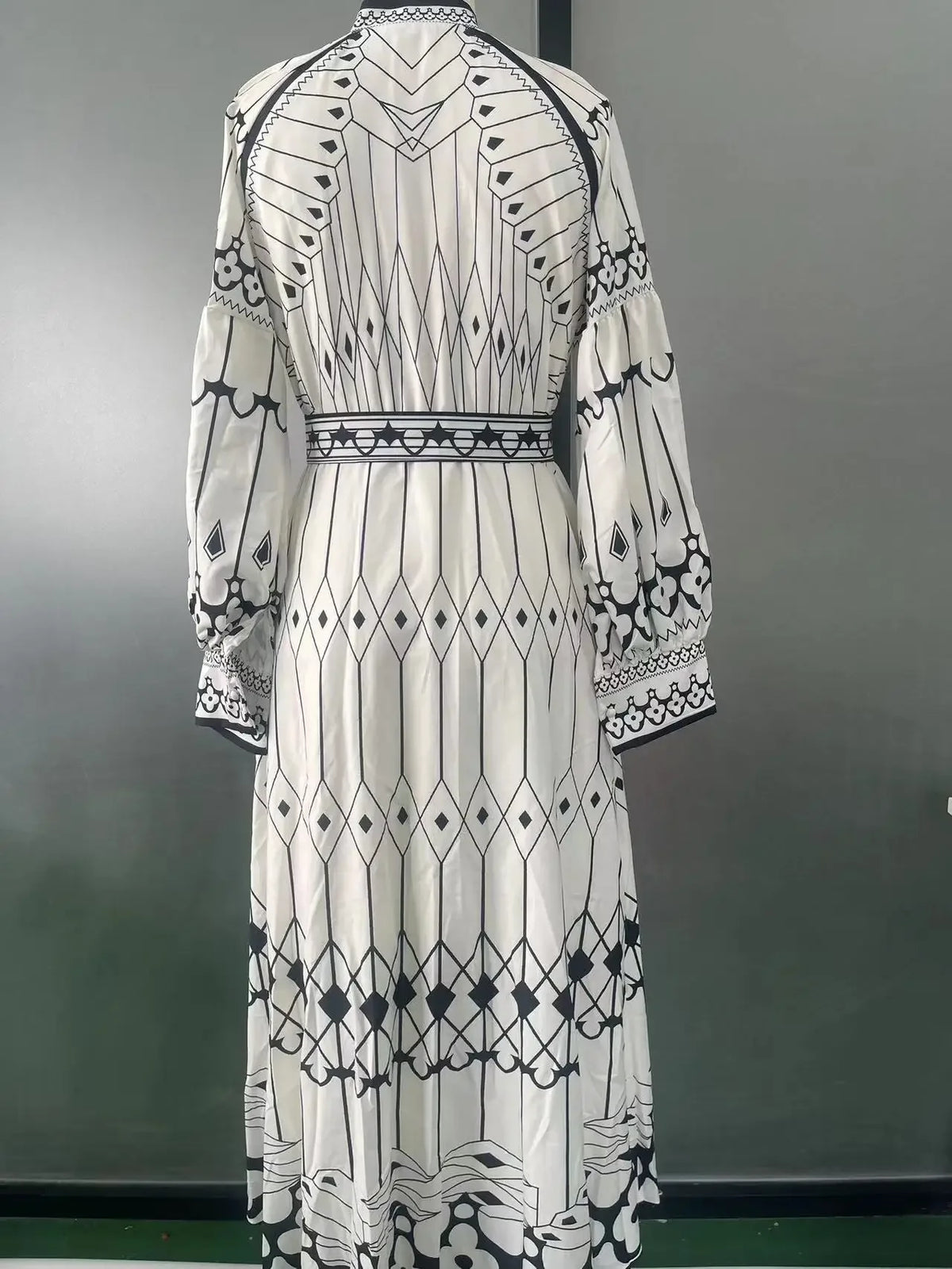 Turn-Down Collar Lantern Sleeve Belted Geometric Print Loose Boho Midi Dress | Retro Elegant Office Dress Luxegan