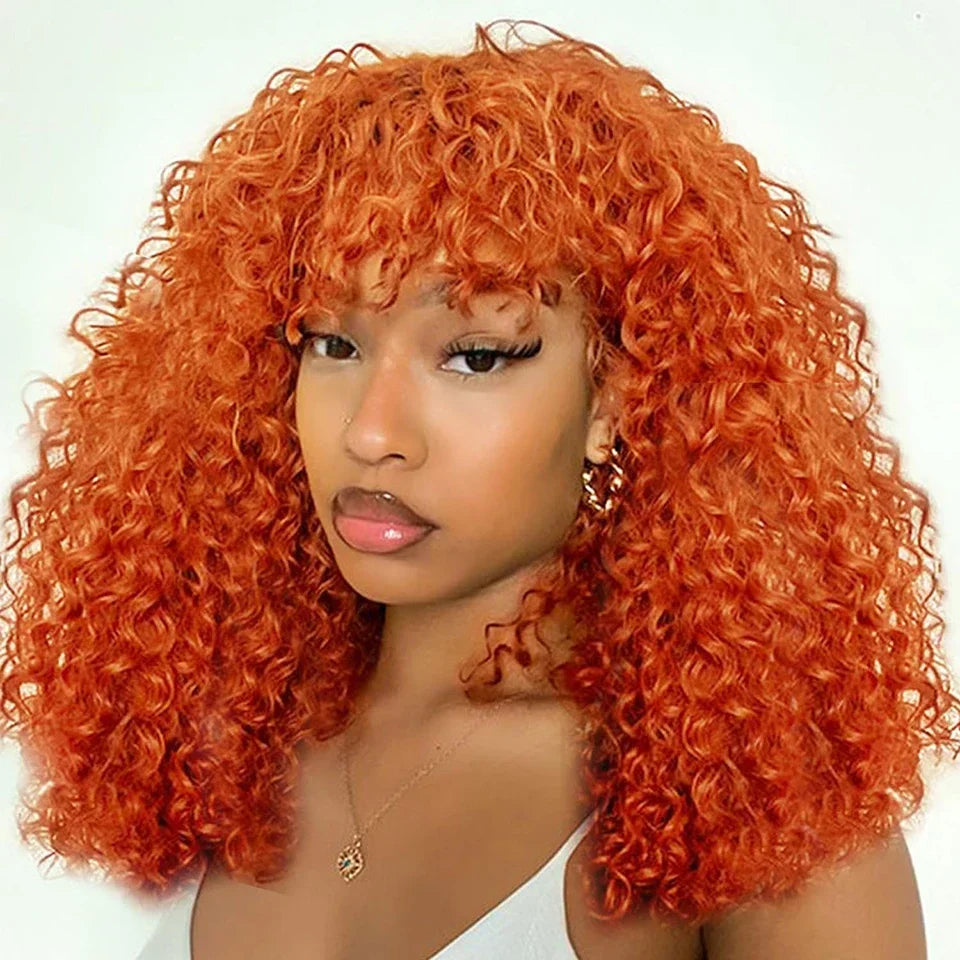 Ginger Jerry Curly Pixie Bob Wig | Honey Blonde Orange Remy Human Hair with Bangs Luxegan