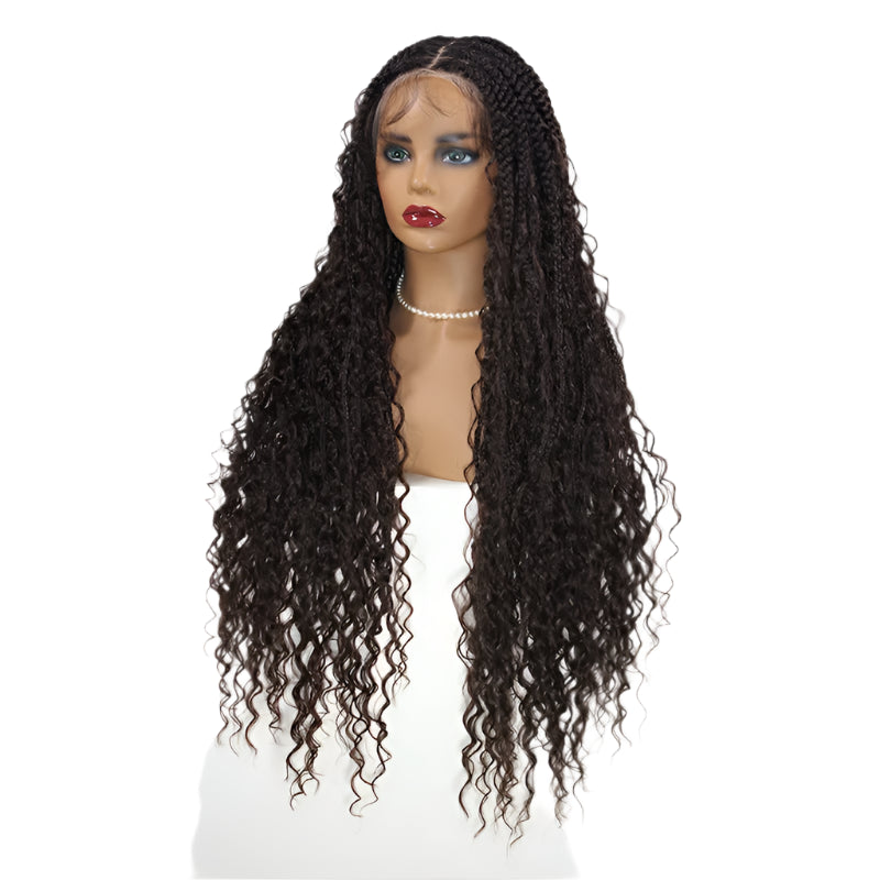 32" Box Braided Wig with Boho Curls - Knotless Braids, Cornrow Style, Lace Front Wig for Black Women (Natural Black)