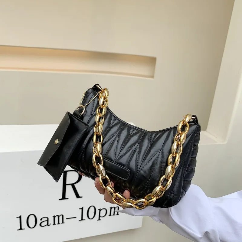 Quilted Ruched Crescent Shoulder Bag | Sophisticated England-Style Chain Handbag | Elegant Half-Moon Purse with Coin Pouch | "Dignified" Soft TPU Carryall for Versatile Daily Styling Luxegan