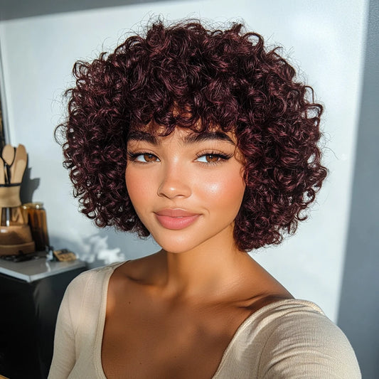 Malaysian Afro Kinky Curly Pixie Bob Wig with Bangs | Natural Brown & 99J Full Machine Made Remy Human Hair Luxegan