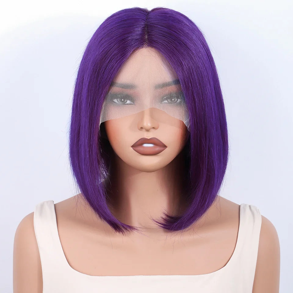 Purple Straight Bob Wig | 13x5x1 Brazilian Human Hair Lace Part with 180% Density (Party Style, Remy) Luxegan