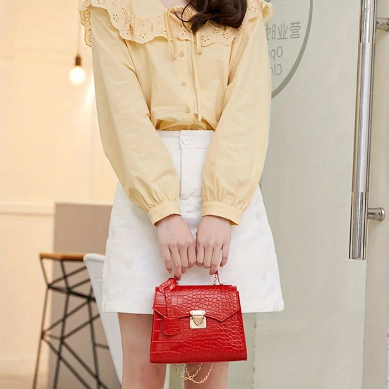 Soft PU Crocodile-Embossed Mini Satchel | Twist Lock Chain Detail Handbag Luxegan