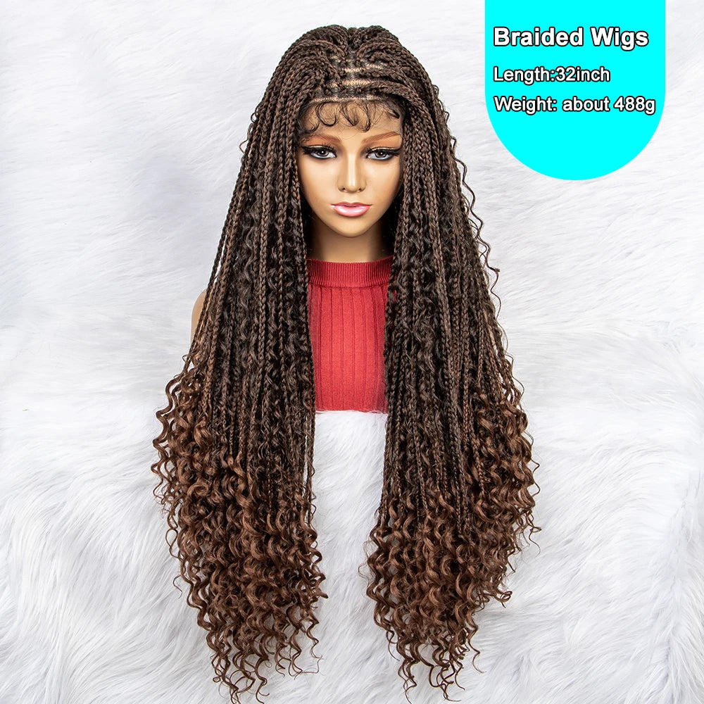 Curly End Box Braids Lace Frontal Wig with Baby Hair | Synthetic Full Lace Braided Wig for Black Women Luxegan