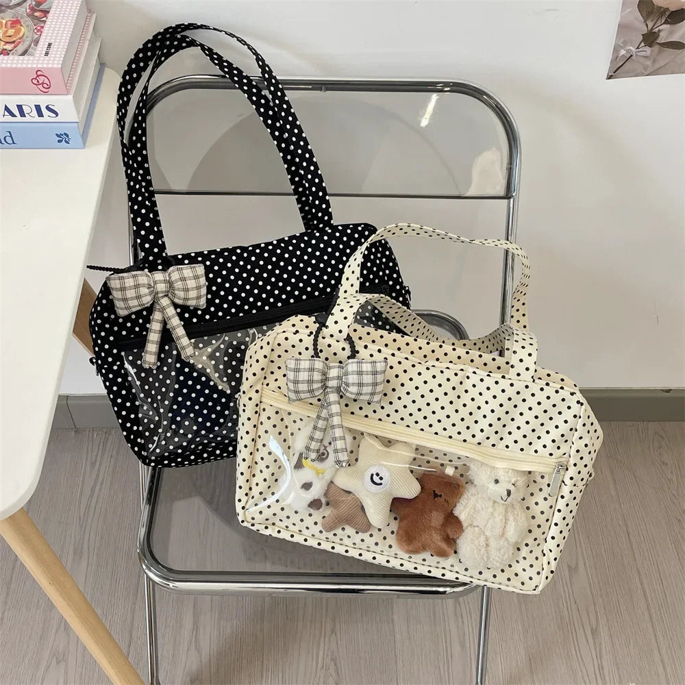 Y2K Ulzzang Ita Bag for Women | Trendy Polka Dot Canvas Shoulder & Underarm Tote (Transparent Pocket, Youth Fashion) Luxegan