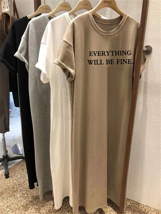 Summer Thin Plus-Size Dress | Casual Letter-Printed O-Neck Lounge Dress | Loose Fit Ankle-Length A-Line Dress | Lightweight Short-Sleeved Streetwear Gown for Juniors Luxegan