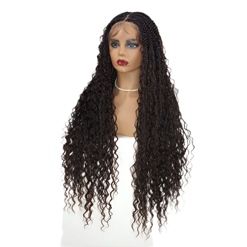 32" Box Braided Wig with Boho Curls - Knotless Braids, Cornrow Style, Lace Front Wig for Black Women (Natural Black)