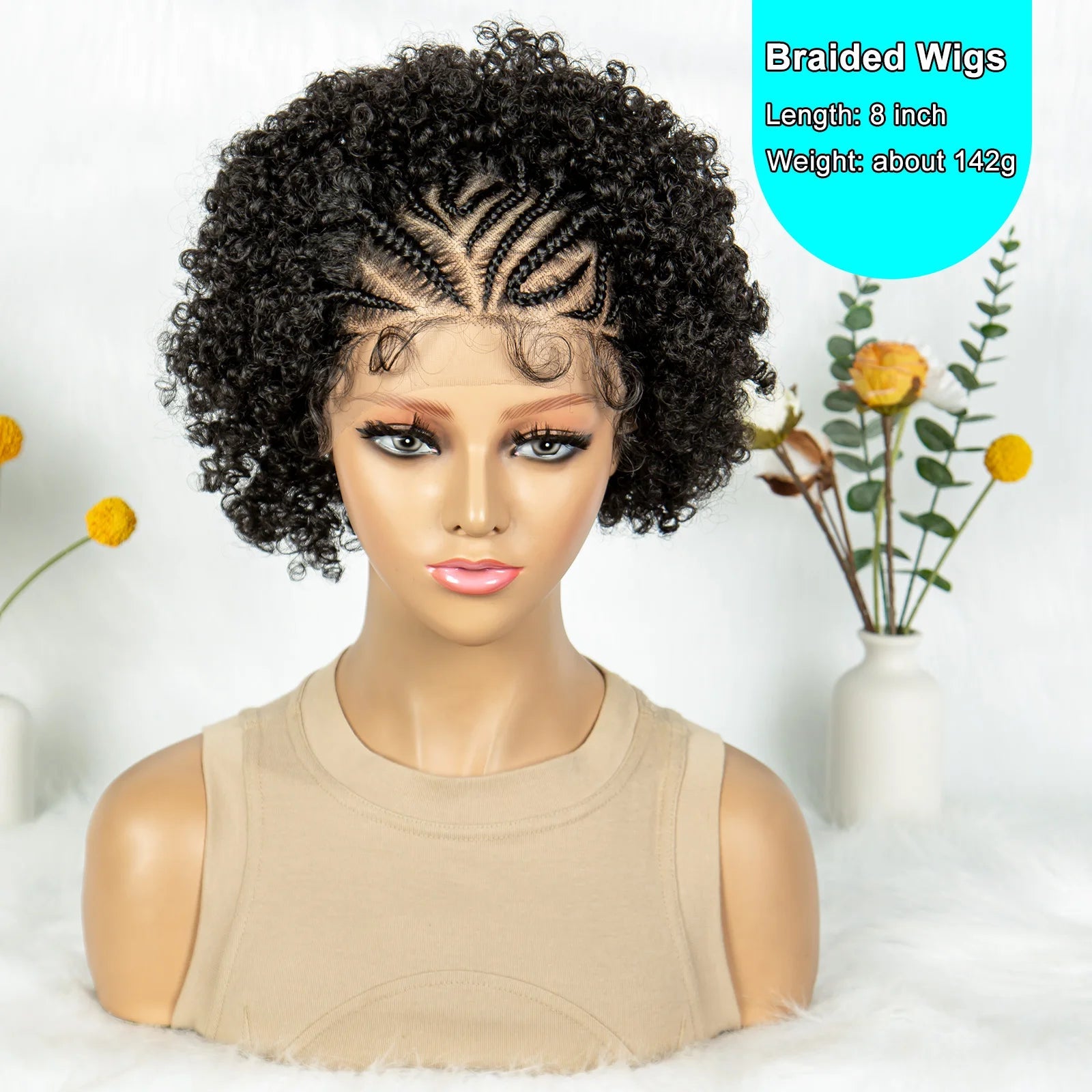 8" Afro Kinky Curly Bob Braided Wig | 13x4 Lace Frontal | Half Cornrows | Synthetic Braids for Black Women Luxegan