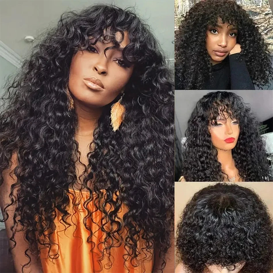 30 Inch Loose Water Wave Wig with Bangs | Full Machine Made Brazilian Remy Human Hair (Natural, All Colors Dyeable) Luxegan
