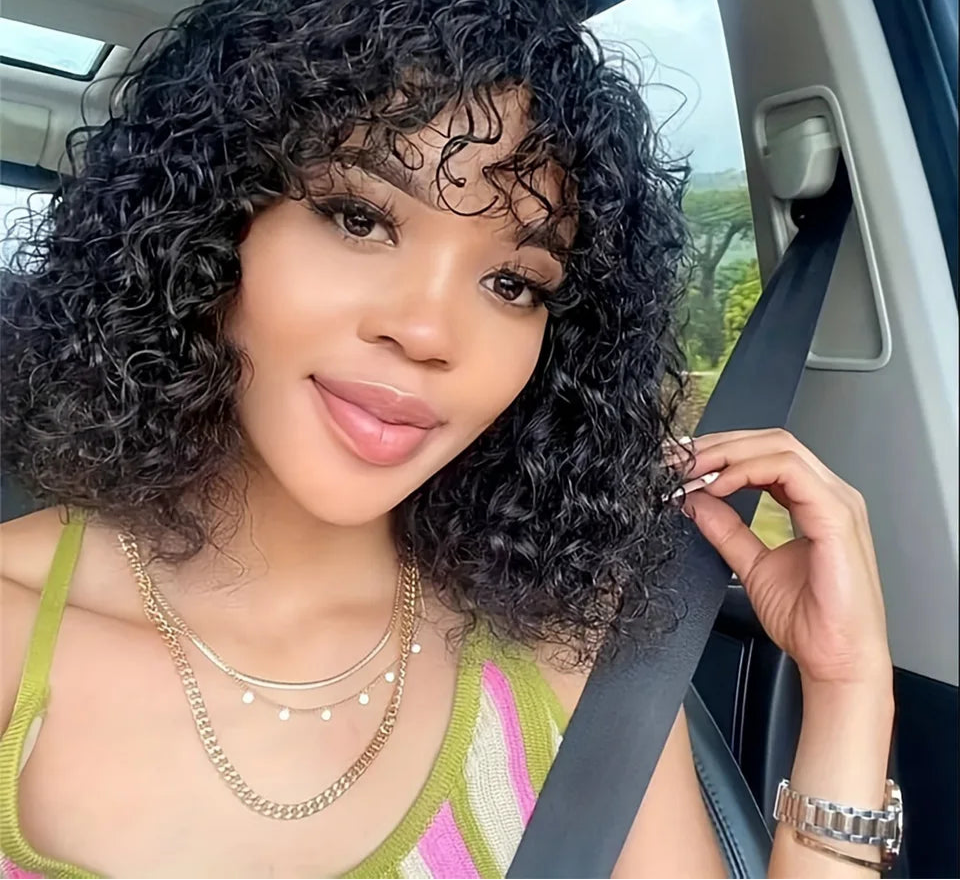 Short Pixie Bob Cut Human Hair Wig with Bangs | Jerry Curly Highlight Water Wave Blonde Colored Wig for Women (Easy Wear) Luxegan