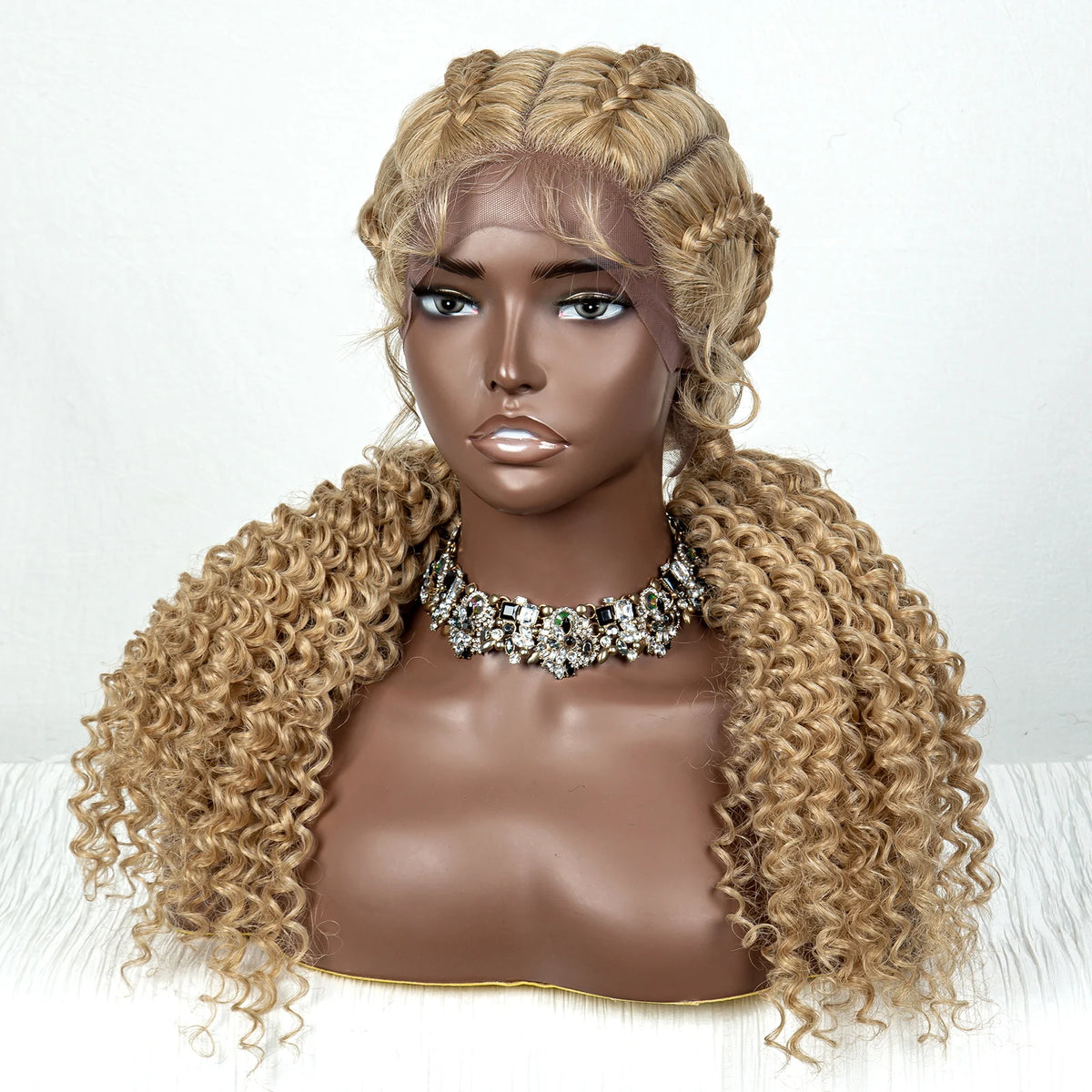 22" Box Braids Full Lace Wig | Two Curly Ponytails | Baby Hair | Synthetic Braided Wig
