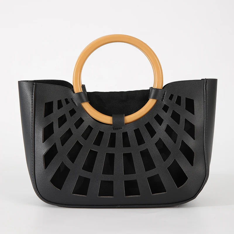 Hollow-Out PU Leather Tote Bag | Lightweight Square Handbag & Stylish Shopping Bag Luxegan