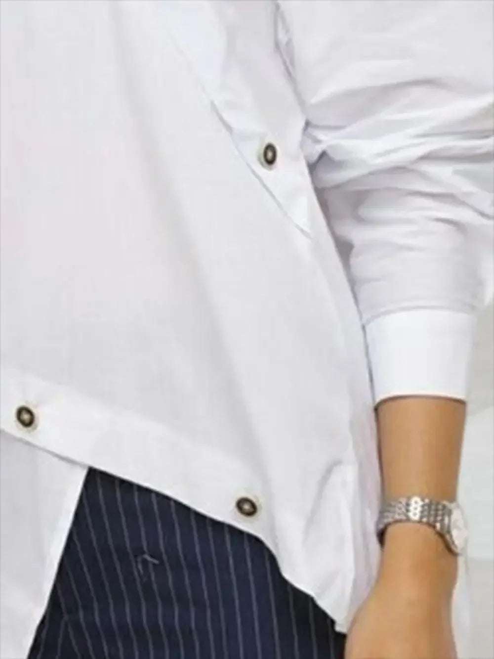 Asymmetric Button Split-Joint Summer T-Shirt | Sophisticated Solid White Long Sleeve Silhouette | Elegant "Loose Fit" Casual Gown | "Dignified" Tat-Woven Blended Fabric for Radiant Versatile Styling Luxegan