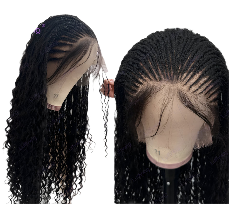 Long Braided Wigs | Knotless Cornrow Wig | HD Full Lace Wig | Human Hair | Boho Box Braids | Curly Braided Wig | Natural Black