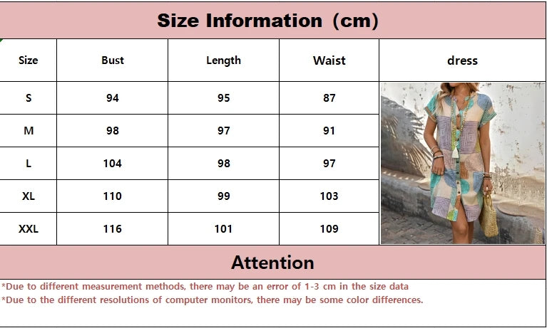 Women's Elegant Geometric Print Dress | Summer V-Neck Button-Up Casual Gown | American Retro Loose Fit Knee-Length Sundress | Premium Tatting Comfortable All-Season Vestido Luxegan