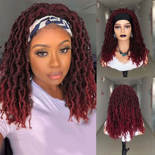 Faux Locs Crochet Headband Wig - Ombre Brown Synthetic Braided Box Braid & Twist Wig - Medium Length Curly Dreadlocks Headband Wig for Black Women (Daily Use) Luxegan