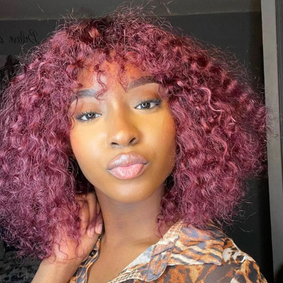 Highlight Honey Blonde Jerry Curly Pixie Bob Wig with Bangs | Full Machine Made Human Hair Luxegan